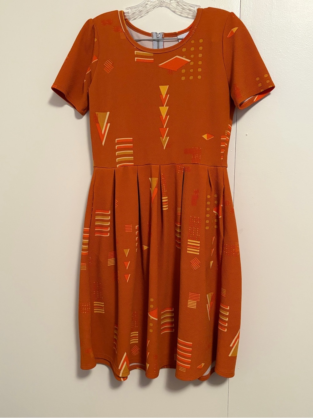 LuLaRoe Rust Orange Fit-and-Flare Mini Dress with Geometric Accents - Picture 2 of 6